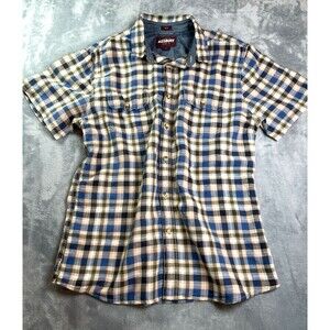Alesbury mens premium buttoned short sleeve plaid 'slim' linen cotton sz M